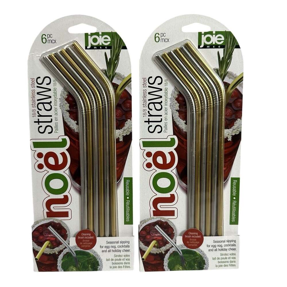 Joie Stainless Steel Straws Noel Christmas Silver Gold Color 6 pack New Lot of 2